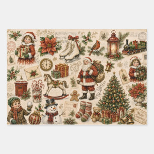 Vintage Victorian Christmas Santa Holiday Collage Wrapping Paper Sheet