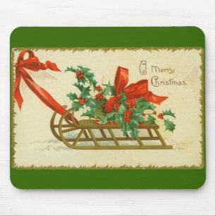 Vintage Victorian Christmas Sled n Holly Print Mouse Mat