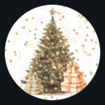 Vintage Victorian Christmas Tree with Gifts  Classic Round Sticker<br><div class="desc">This lovely sticker will bring a nostalgic feeling when your friends and relatives open their Christmas card from you. There's a beautiful Victorian Christmas tree decorated with a garland,  lights and ornaments. Two stacks of wrapped gifts are beside the base. Gold foil stars glitter all around the tree.</div>