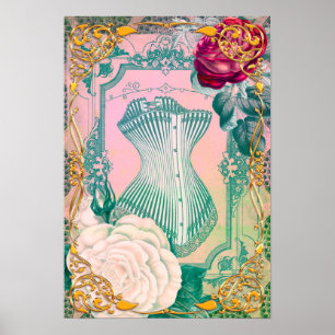 Vintage Victorian Corset and Roses Pink and Blue Poster