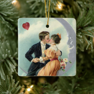 Vintage Victorian Couple Kiss on a Crescent Moon Ceramic Ornament