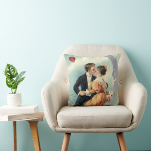 Vintage Victorian Couple Kiss on a Crescent Moon Cushion