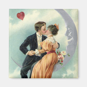 Vintage Victorian Couple Kiss on a Crescent Moon Magnet