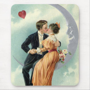 Vintage Victorian Couple Kiss on a Crescent Moon Mouse Mat
