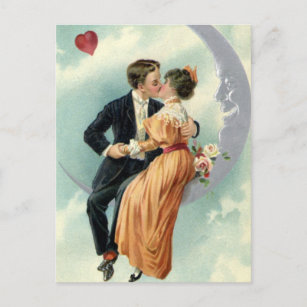 Vintage Victorian Couple Kiss on a Crescent Moon Postcard