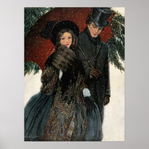 Vintage Victorian Couple Walking in the Snow Poster