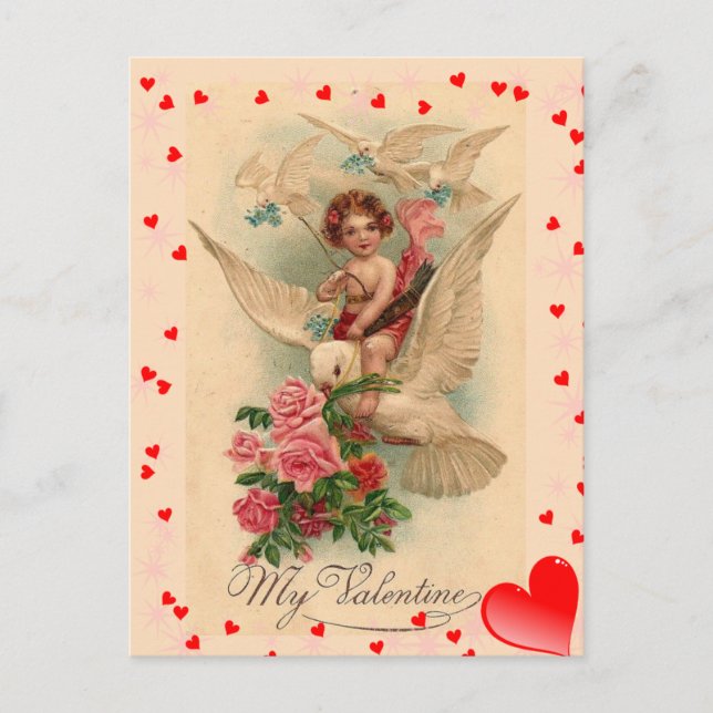 Vintage Victorian Cupid on Dove Valentine Postcard (Front)