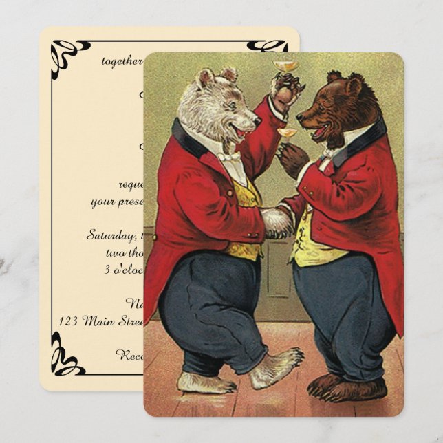 Vintage Victorian Dancing Bears Wedding Invitation (Front/Back)