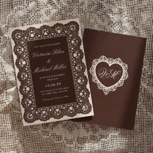 Vintage Victorian Dark Brown Lace Cream Wedding Invitation