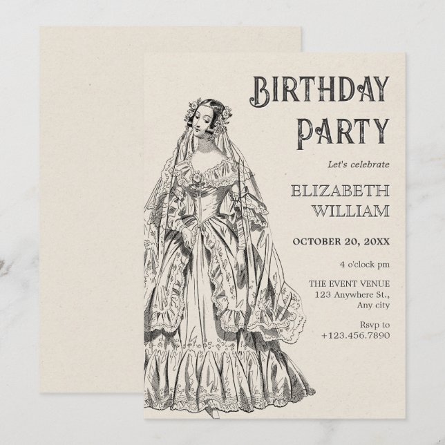 Vintage victorian dress birthday invitation (Front/Back)