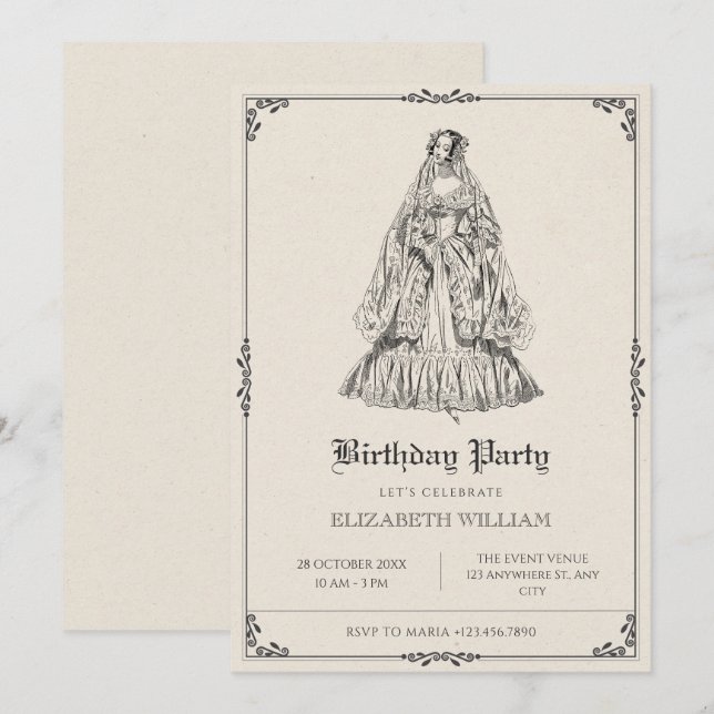 Vintage victorian dress birthday invitation (Front/Back)