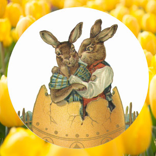 Vintage Victorian Easter Bunnies in a Gold Egg Classic Round Sticker