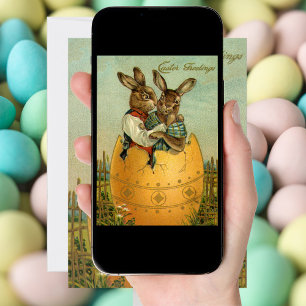 Vintage Victorian Easter Bunnies in a Gold Egg Invitation