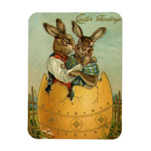 Vintage Victorian Easter Bunnies in a Gold Egg Magnet