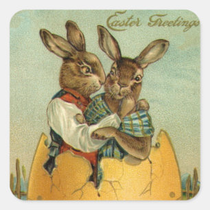 Vintage Victorian Easter Bunnies in a Gold Egg Square Sticker