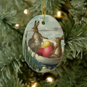 Vintage Victorian Easter Bunnies in an Egg Boat Ceramic Tree Decoration