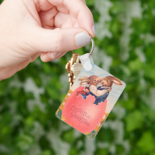 Vintage Victorian Easter Greeting Two Bunnies Kiss Key Ring