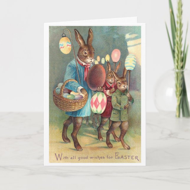 Vintage Victorian Easter Wishes with Bunnies Card (Front)