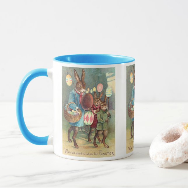 Vintage Victorian Easter Wishes with Bunnies Mug (With Donut)