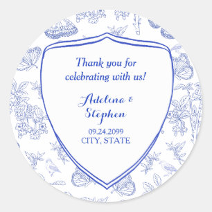 Vintage Victorian Elegant Crest Blue Toile Wedding Classic Round Sticker