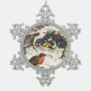 Vintage Victorian era Christmas Card, Birds Snowflake Pewter Christmas Ornament