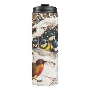 Vintage Victorian era Christmas Card, Birds Thermal Tumbler