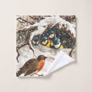 Vintage Victorian era Christmas Card, Birds Wash Cloth
