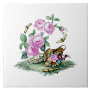 Vintage Victorian Era Flower Basket Painting Tile