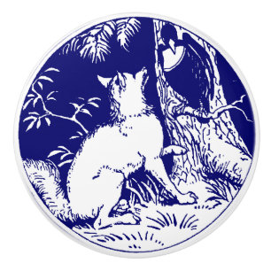 Vintage Victorian Era Fox & Crow Blue Ceramic Knob