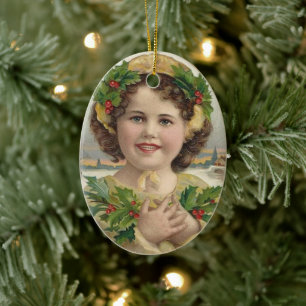 Vintage Victorian Era Holly Girl Christmas Ceramic Tree Decoration