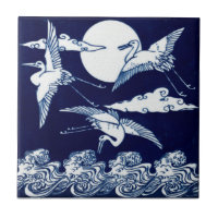Vintage Victorian Era Japanese Cranes Over Moon