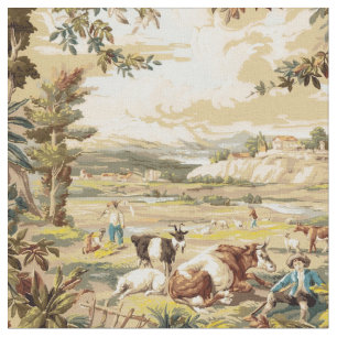 Vintage Victorian Era Pastoral Farm Scene Pattern Fabric
