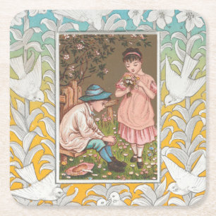 Vintage VIctorian Era Valentine's Day Card, 1876 Square Paper Coaster