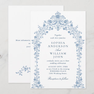 Vintage Victorian Floral Dusty Blue Sketch Weddin Invitation