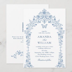 Vintage Victorian Floral Dusty Blue Sketch Wedding Invitation