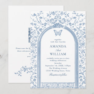 Vintage Victorian Floral Dusty Blue Sketch Wedding Invitation