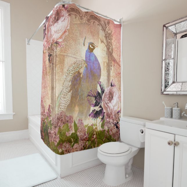 Vintage Victorian Floral Peacock Shower Curtain (In Situ)