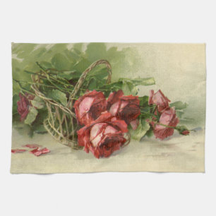 Vintage Victorian Flowers, Red Roses Tea Towel