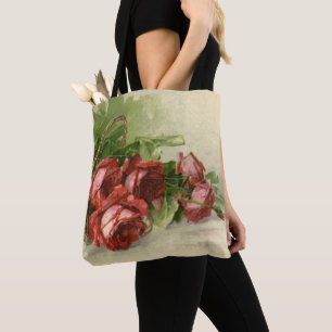 Vintage Victorian Flowers, Red Roses Tote Bag