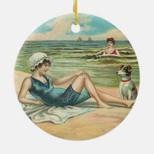 Vintage Victorian Girl and Dog Seaside antique art Ceramic Tree Decoration