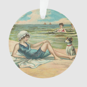Vintage Victorian Girl and Dog Seaside antique art Ornament