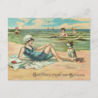 Vintage Victorian Girl and Dog Seaside antique art