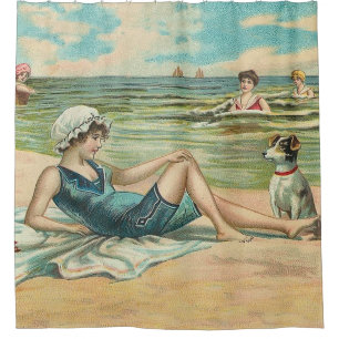 Vintage Victorian Girl and Dog Seaside antique art Shower Curtain