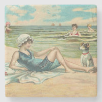 Vintage Victorian Girl and Dog Seaside antique art