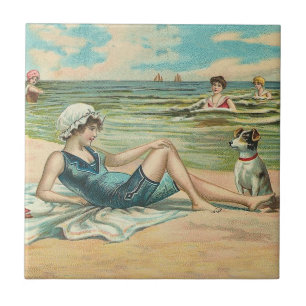 Vintage Victorian Girl and Dog Seaside antique art Tile
