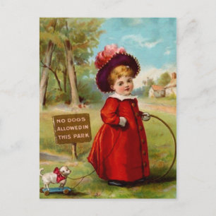VINTAGE VICTORIAN GIRL DOG WALKER POSTCARD