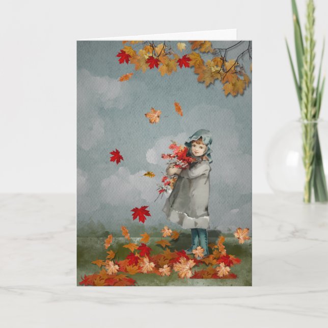 Vintage Victorian Girl Holding Fall Leaves Card (Front)