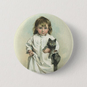 Vintage Victorian Girl in a Nightgown with Her Cat 6 Cm Round Badge