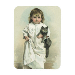 Vintage Victorian Girl in a Nightgown with Her Cat Magnet