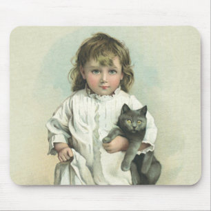 Vintage Victorian Girl in a Nightgown with Her Cat Mouse Mat